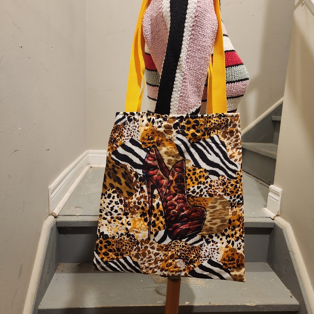 Handmade Animal Print Tote Bag With High Heel Appliquè